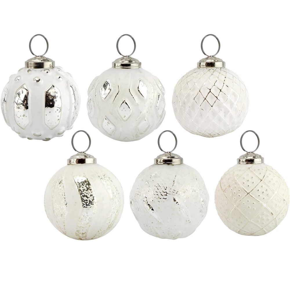 Set 6 Glass Distressed White w Tin Metal Ornaments NIB